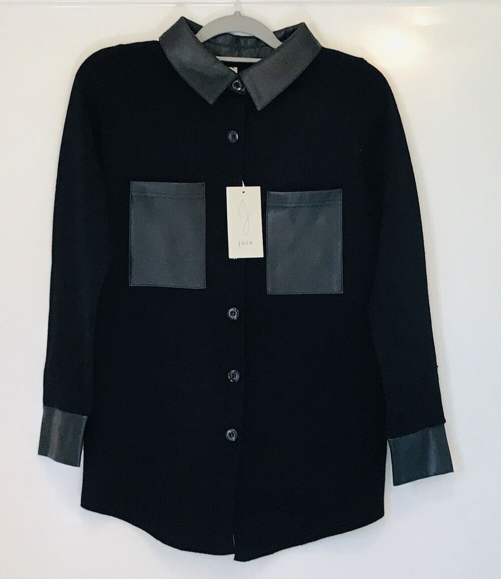 Joie Button-Up Collared Jacket Black Faux Leather Accents Classic Womens Size XS